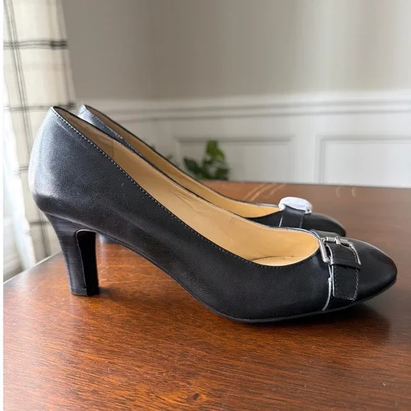 Lauren Ralph Lauren Black Leather Block Heel Pumps Buckle Womens 6.5 New w Flaws - Picture 3 of 9